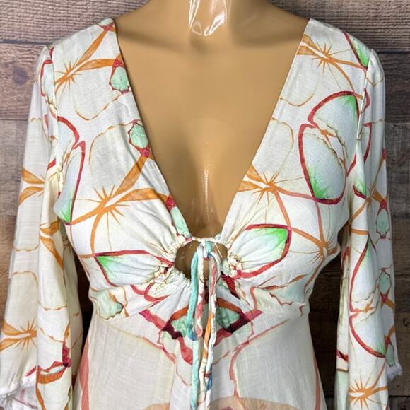 Farm Rio Butterfly Mini Dress Cropped Bell Sleeve V-Neck Size P Small - Picture 3 of 12